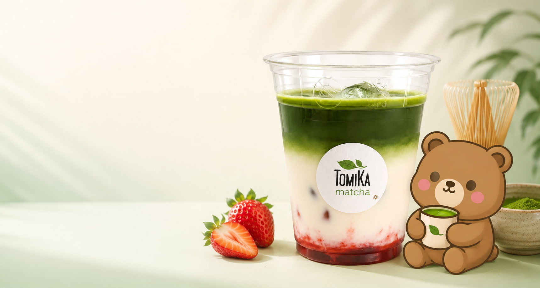 Jahodové iced matcha latte TomiKa Matcha